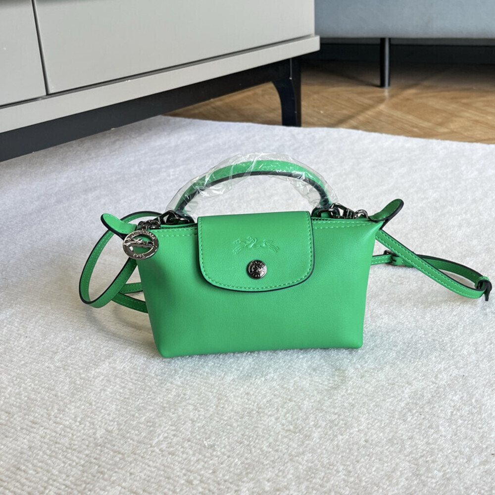 Longchamp Le Pliage Mini Bright Green Leather Top Handle Crossbody Bag